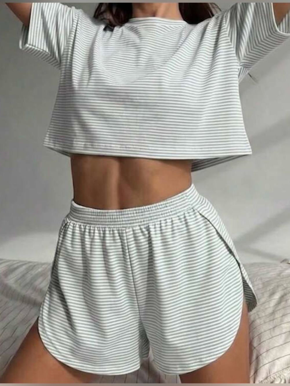 Women’s Matching Pajama Set Short Sleeve Top & Shorts Grey/White Medium